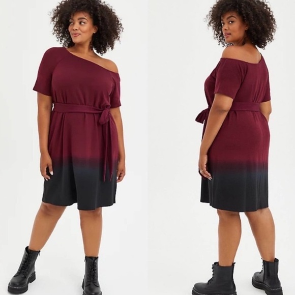 torrid Dresses & Skirts - Nwt torrid burgandy dip dye off shoulder terry tshirt dress size 1x